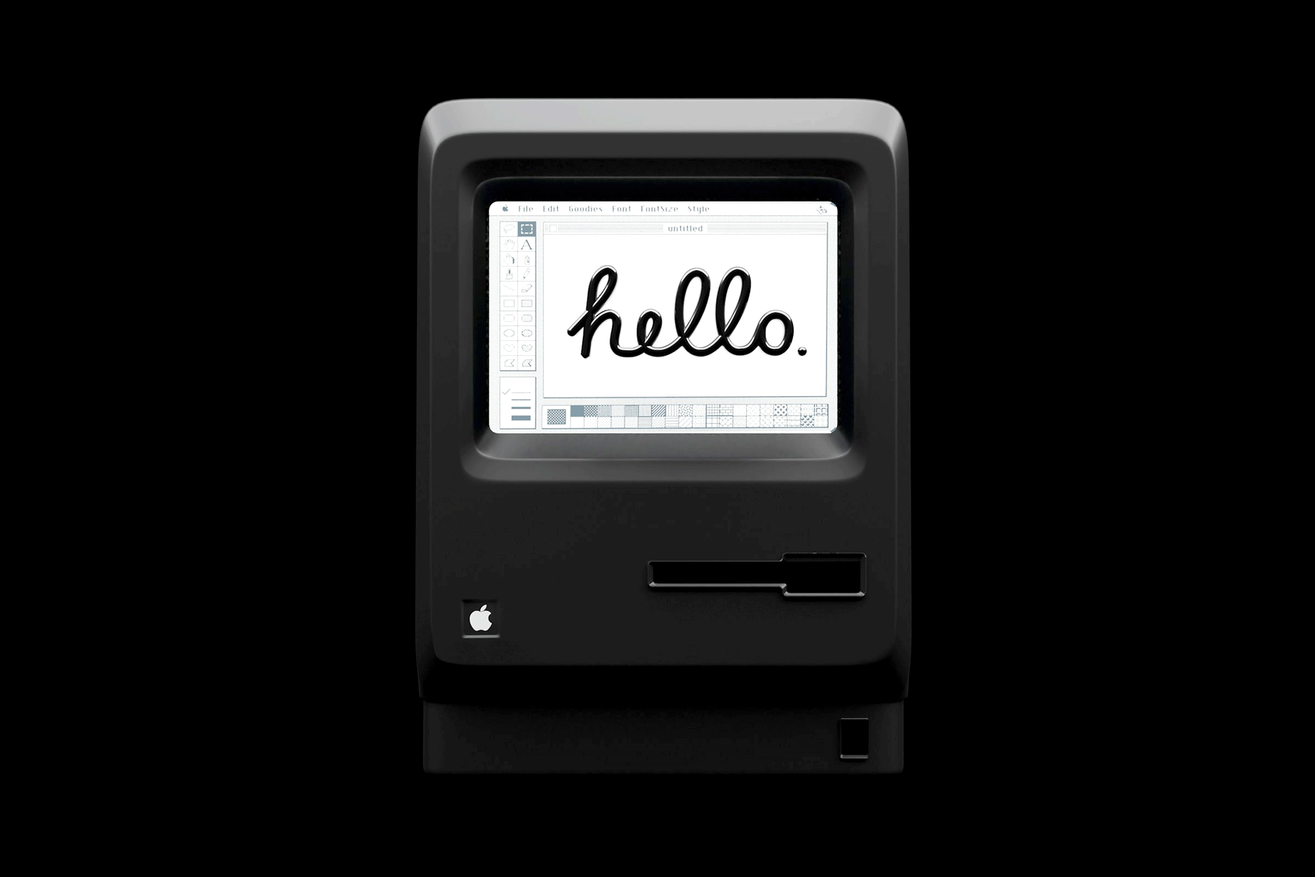 A Mac Classic computer with the text “hello.” in a playful script typeface.